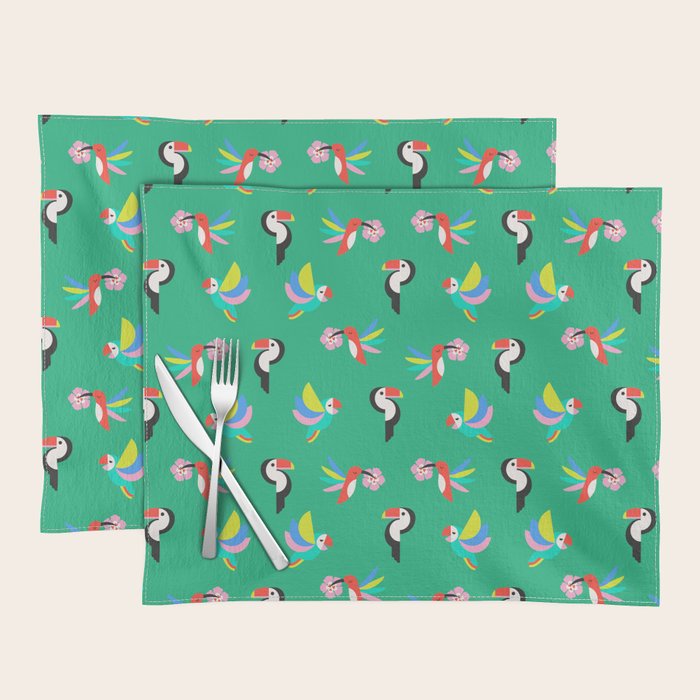 Happy Tropical Jungle Birds Toucan Hummingbird Parrot Green Placemat Gallery Image 1