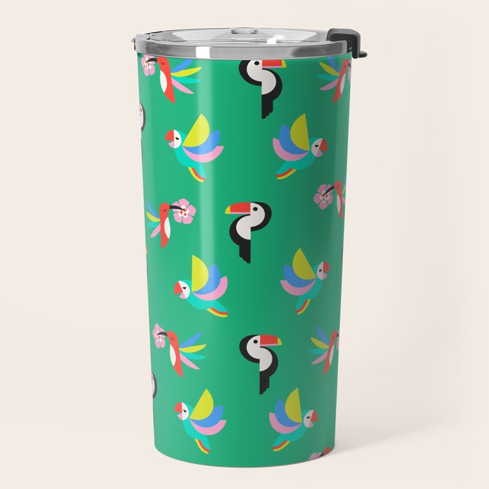 Happy Tropical Jungle Birds Toucan Hummingbird Parrot Green Travel Mug Gallery Image 2