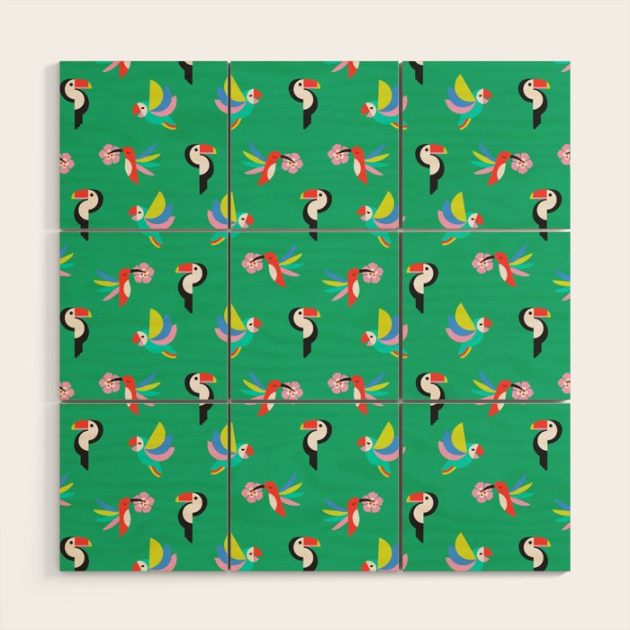 Happy Tropical Jungle Birds Toucan Hummingbird Parrot Green Wood Wall Art Gallery Image 1