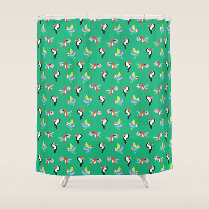 Happy Tropical Jungle Birds Toucan Hummingbird Parrot Green Shower Curtain Gallery Image 1