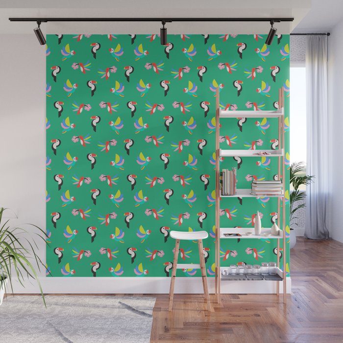 Happy Tropical Jungle Birds Toucan Hummingbird Parrot Green Wall Mural Gallery Image 1