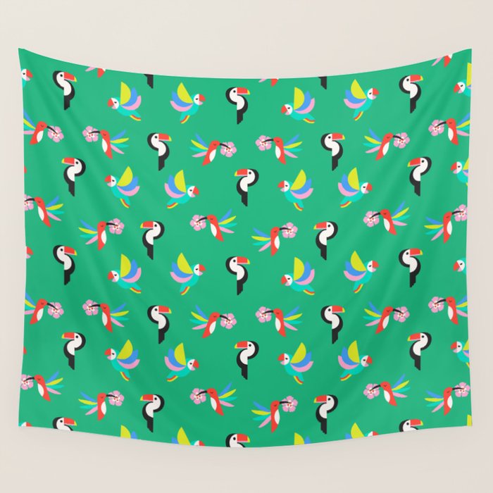 Happy Tropical Jungle Birds Toucan Hummingbird Parrot Green Wall Tapestry Gallery Image 4