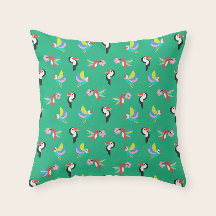 Happy Tropical Jungle Birds Toucan Hummingbird Parrot Green Throw Pillow Gallery Image 6