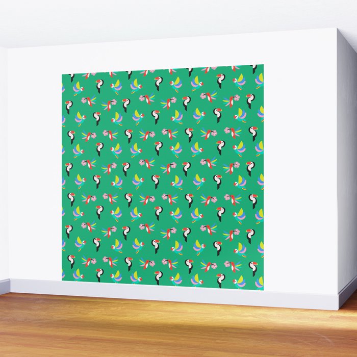 Happy Tropical Jungle Birds Toucan Hummingbird Parrot Green Wall Mural Gallery Image 2