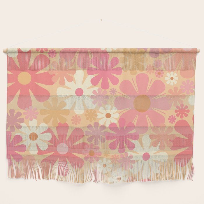 Vintage Floral 60s 70s Pattern in Pink, Blush, Peach, and Mustard Gold Tones Wall Hanging Gallery Image 1