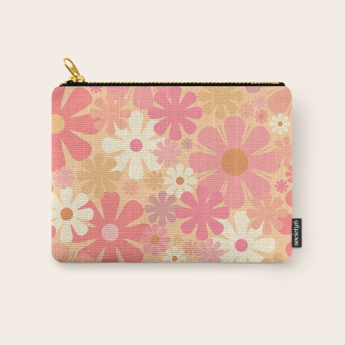 Vintage Floral 60s 70s Pattern in Pink, Blush, Peach, and Mustard Gold Tones Carry All Pouch Gallery Image 1