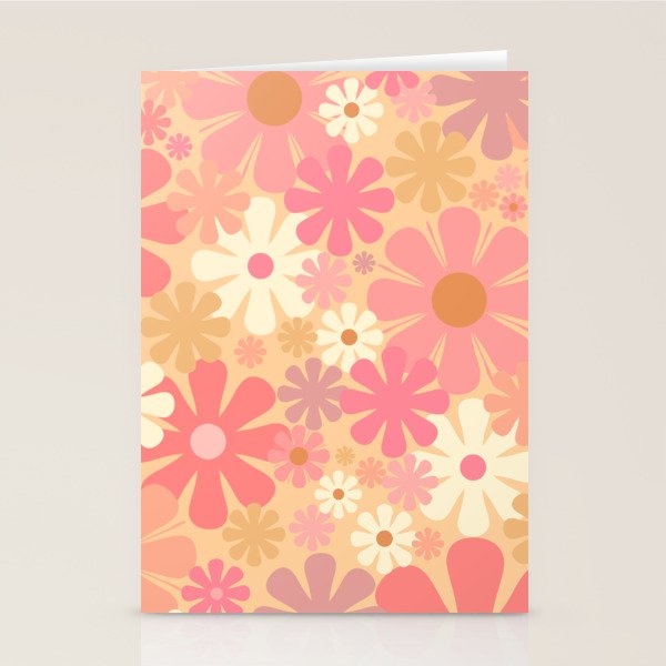 Vintage Floral 60s 70s Pattern in Pink, Blush, Peach, and Mustard Gold Tones Stationery Card Gallery Image 1
