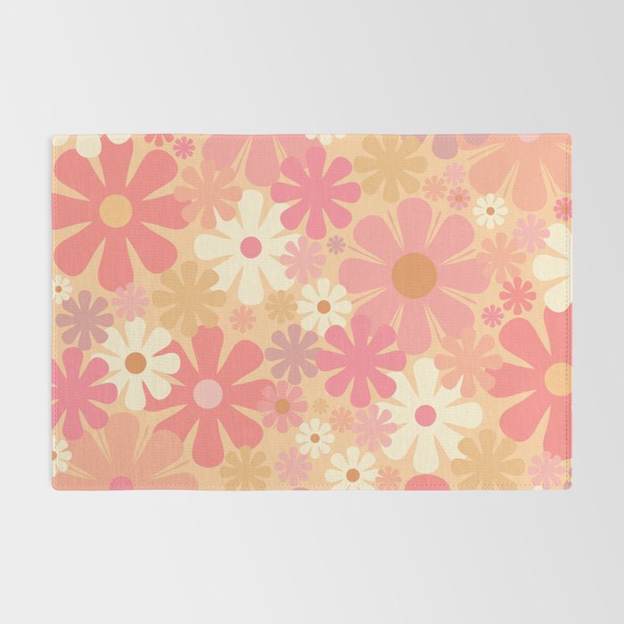 Vintage Floral 60s 70s Pattern in Pink, Blush, Peach, and Mustard Gold Tones Rug Gallery Image 2