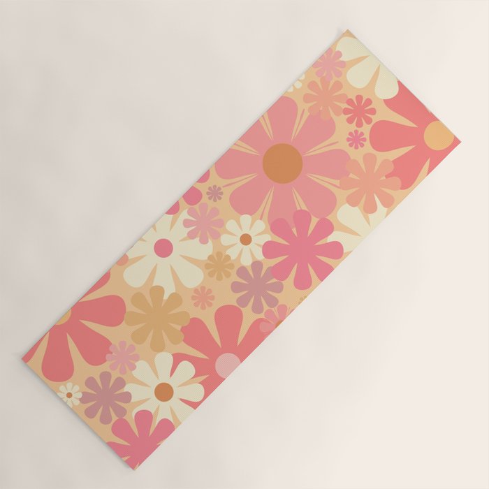 Vintage Floral 60s 70s Pattern in Pink, Blush, Peach, and Mustard Gold Tones Yoga Mat Gallery Image 1