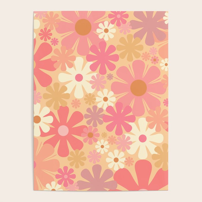 Vintage Floral 60s 70s Pattern in Pink, Blush, Peach, and Mustard Gold Tones Poster Gallery Image 4