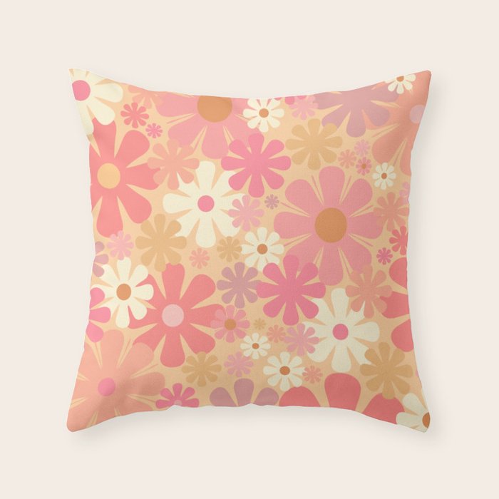 Vintage Floral 60s 70s Pattern in Pink, Blush, Peach, and Mustard Gold Tones Throw Pillow Gallery Image 6