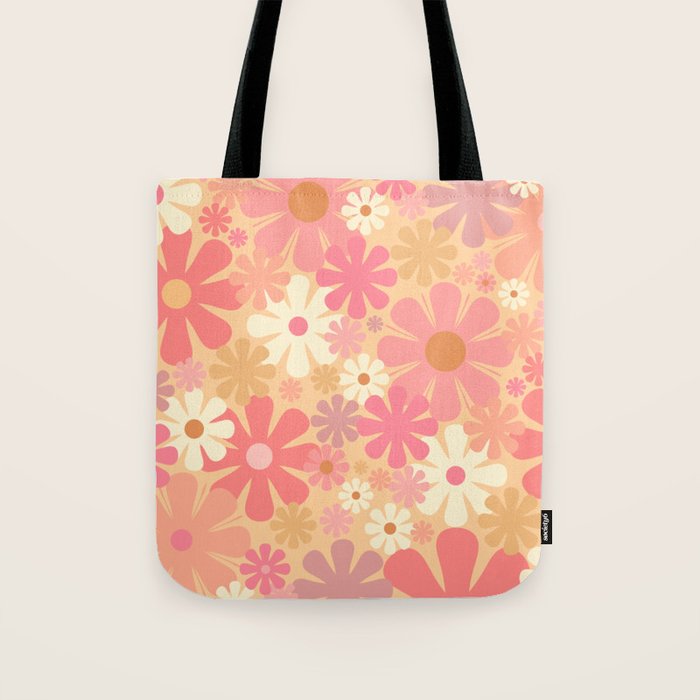 Vintage Floral 60s 70s Pattern in Pink, Blush, Peach, and Mustard Gold Tones Tote Bag Gallery Image 1