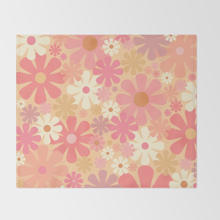 Vintage Floral 60s 70s Pattern in Pink, Blush, Peach, and Mustard Gold Tones Throw Blanket Gallery Image 2