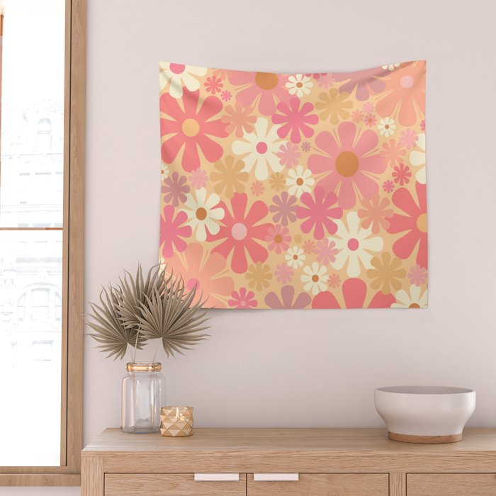 Vintage Floral 60s 70s Pattern in Pink, Blush, Peach, and Mustard Gold Tones Wall Tapestry Gallery Image 2