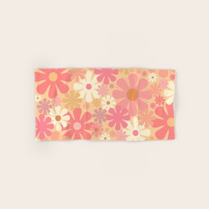 Vintage Floral 60s 70s Pattern in Pink, Blush, Peach, and Mustard Gold Tones Bath Towel Gallery Image 1