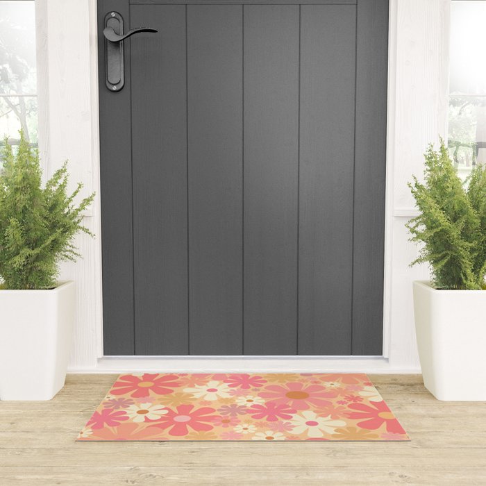 Vintage Floral 60s 70s Pattern in Pink, Blush, Peach, and Mustard Gold Tones Welcome Mat Gallery Image 3