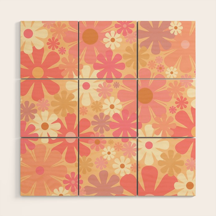 Vintage Floral 60s 70s Pattern in Pink, Blush, Peach, and Mustard Gold Tones Wood Wall Art Gallery Image 1
