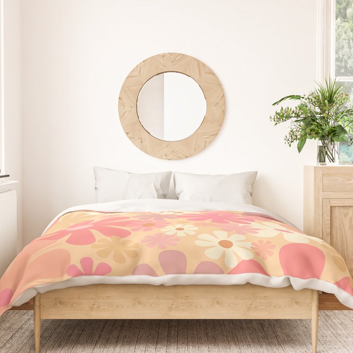 Vintage Floral 60s 70s Pattern in Pink, Blush, Peach, and Mustard Gold Tones Duvet Cover Gallery Image 3