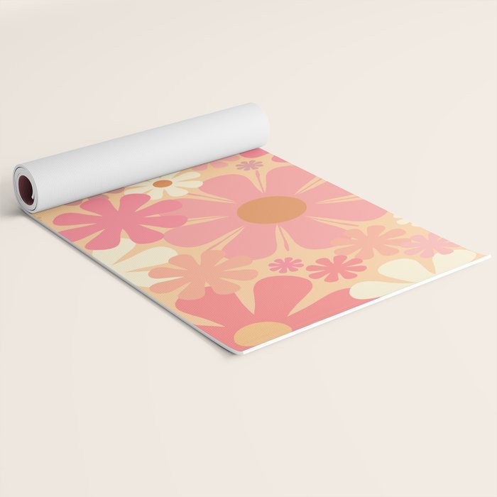 Vintage Floral 60s 70s Pattern in Pink, Blush, Peach, and Mustard Gold Tones Yoga Mat Gallery Image 2