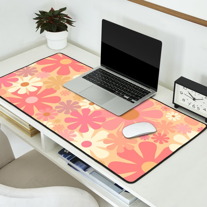 Vintage Floral 60s 70s Pattern in Pink, Blush, Peach, and Mustard Gold Tones Desk Mat Gallery Image 2