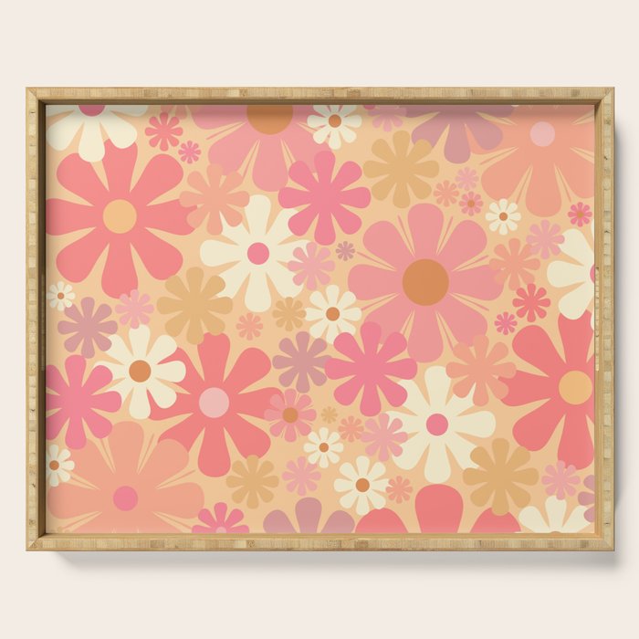 Vintage Floral 60s 70s Pattern in Pink, Blush, Peach, and Mustard Gold Tones Serving Tray Gallery Image 1