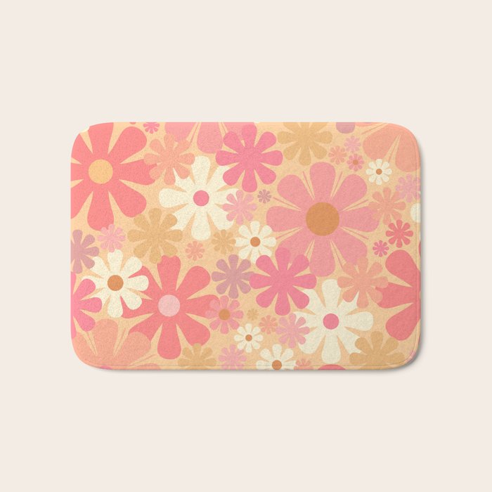 Vintage Floral 60s 70s Pattern in Pink, Blush, Peach, and Mustard Gold Tones Bath Mat Gallery Image 1