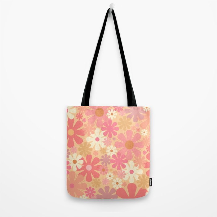 Vintage Floral 60s 70s Pattern in Pink, Blush, Peach, and Mustard Gold Tones Tote Bag Gallery Image 2