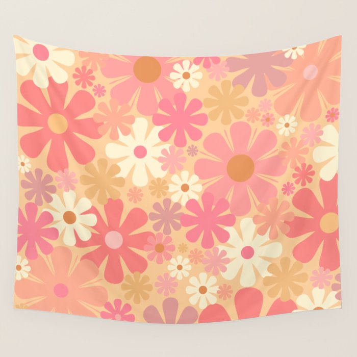Vintage Floral 60s 70s Pattern in Pink, Blush, Peach, and Mustard Gold Tones Wall Tapestry Gallery Image 4
