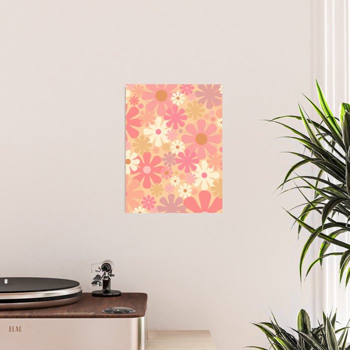 Vintage Floral 60s 70s Pattern in Pink, Blush, Peach, and Mustard Gold Tones Poster Gallery Image 2