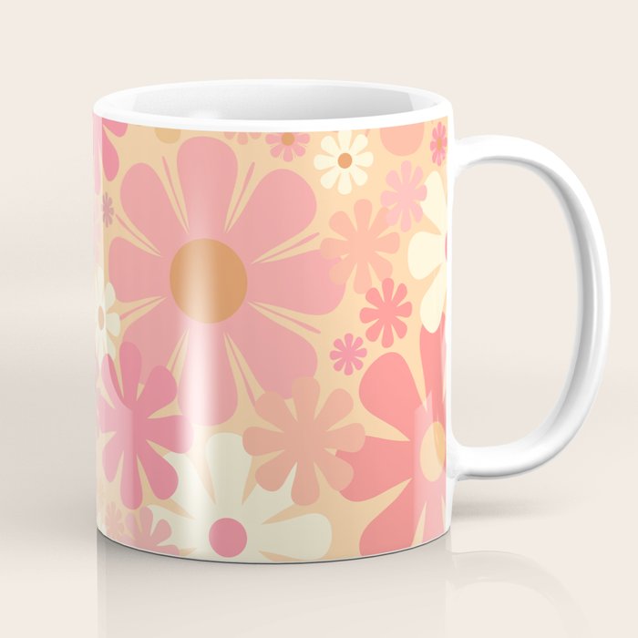 Vintage Floral 60s 70s Pattern in Pink, Blush, Peach, and Mustard Gold Tones Coffee Mug Gallery Image 1