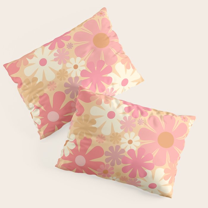 Vintage Floral 60s 70s Pattern in Pink, Blush, Peach, and Mustard Gold Tones Pillow Sham Gallery Image 1