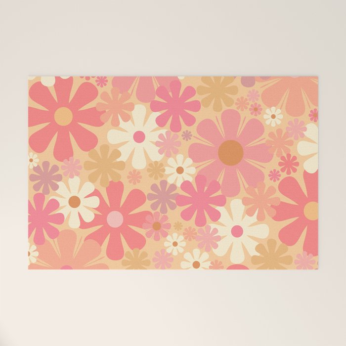 Vintage Floral 60s 70s Pattern in Pink, Blush, Peach, and Mustard Gold Tones Welcome Mat Gallery Image 1