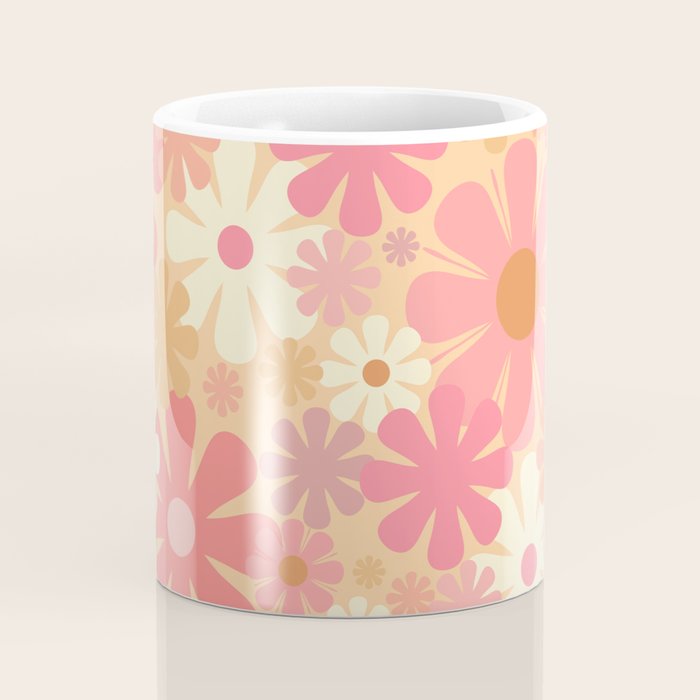 Vintage Floral 60s 70s Pattern in Pink, Blush, Peach, and Mustard Gold Tones Coffee Mug Gallery Image 4