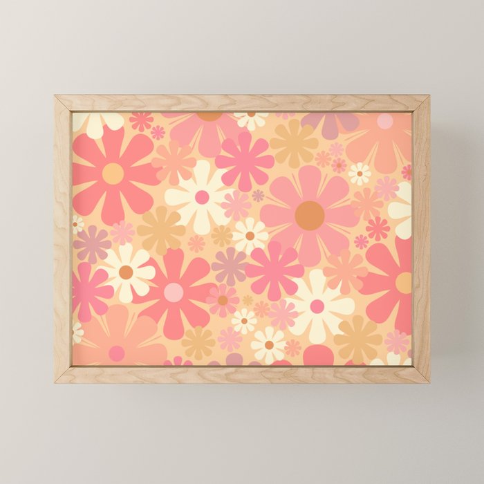 Vintage Floral 60s 70s Pattern in Pink, Blush, Peach, and Mustard Gold Tones Mini Art Print Gallery Image 1