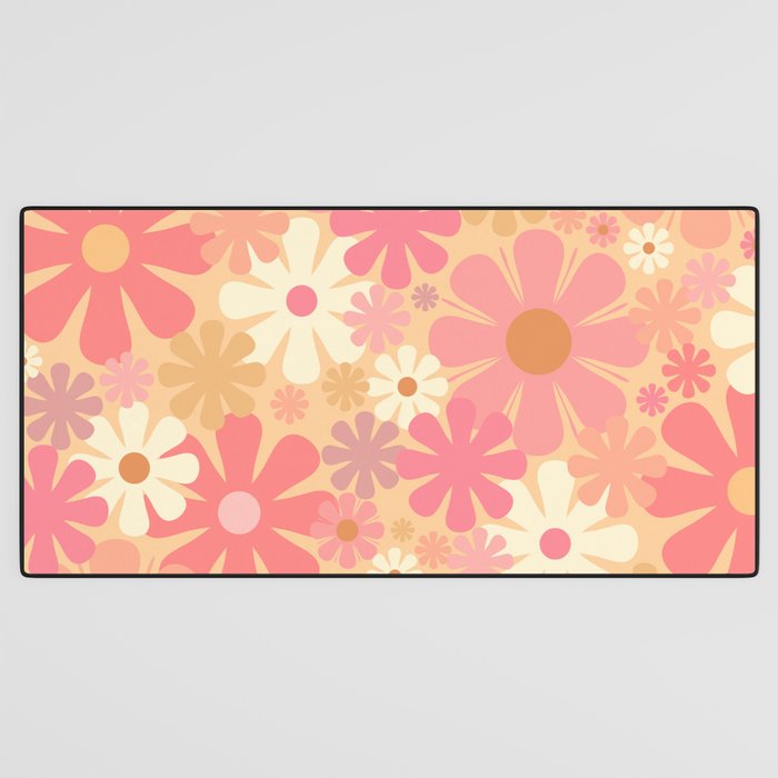 Vintage Floral 60s 70s Pattern in Pink, Blush, Peach, and Mustard Gold Tones Desk Mat Gallery Image 3