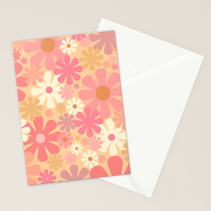 Vintage Floral 60s 70s Pattern in Pink, Blush, Peach, and Mustard Gold Tones Stationery Card Gallery Image 2