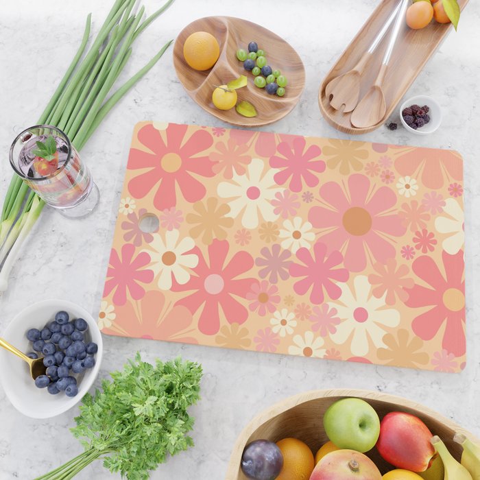 Vintage Floral 60s 70s Pattern in Pink, Blush, Peach, and Mustard Gold Tones Cutting Board Gallery Image 2