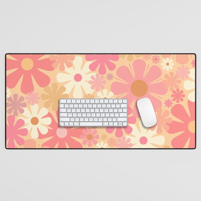 Vintage Floral 60s 70s Pattern in Pink, Blush, Peach, and Mustard Gold Tones Desk Mat Gallery Image 1