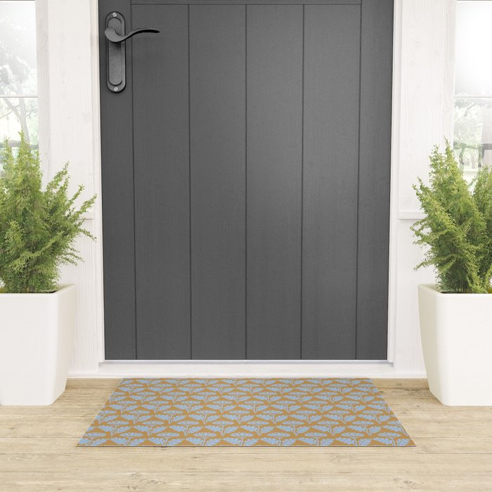 Vintage Floral Arches Art Nouveau Pattern in Ice Blue and Deep Mustard Welcome Mat Gallery Image 3