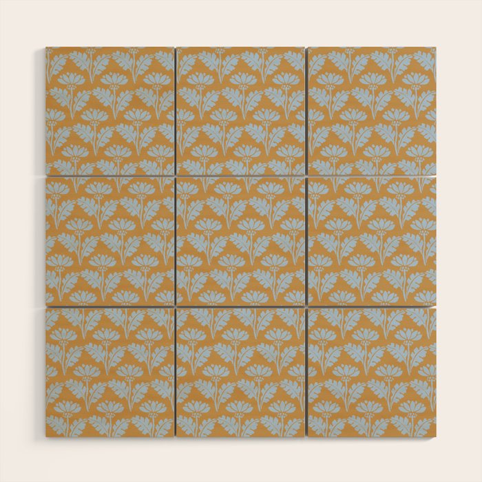 Vintage Floral Arches Art Nouveau Pattern in Ice Blue and Deep Mustard Wood Wall Art Gallery Image 1