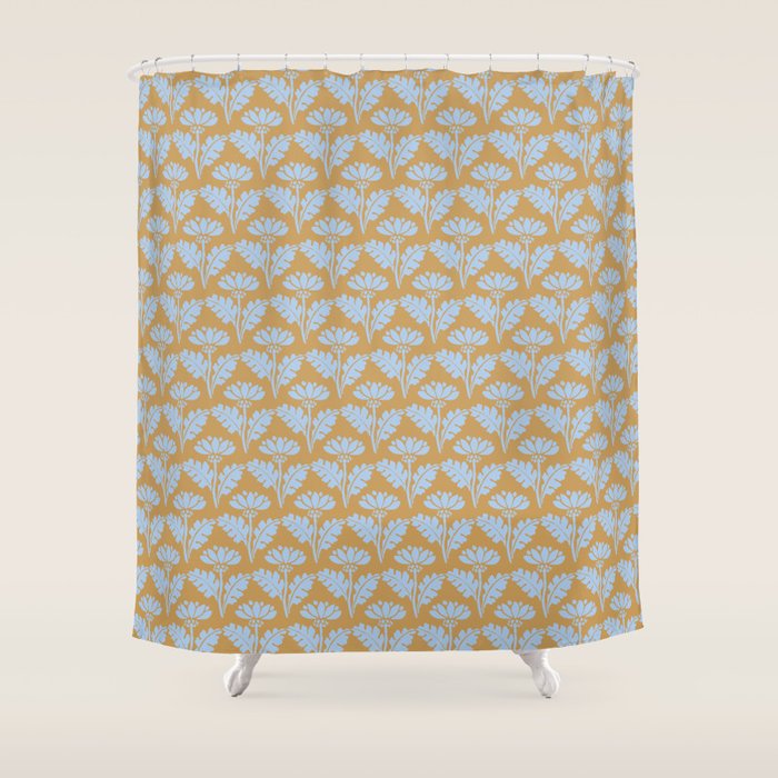 Vintage Floral Arches Art Nouveau Pattern in Ice Blue and Deep Mustard Shower Curtain Gallery Image 1