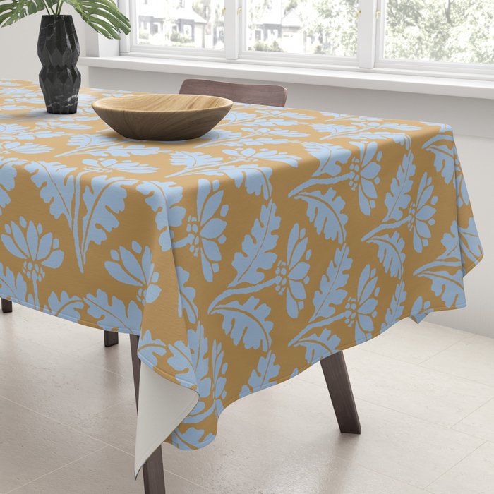 Vintage Floral Arches Art Nouveau Pattern in Ice Blue and Deep Mustard Tablecloth Gallery Image 3