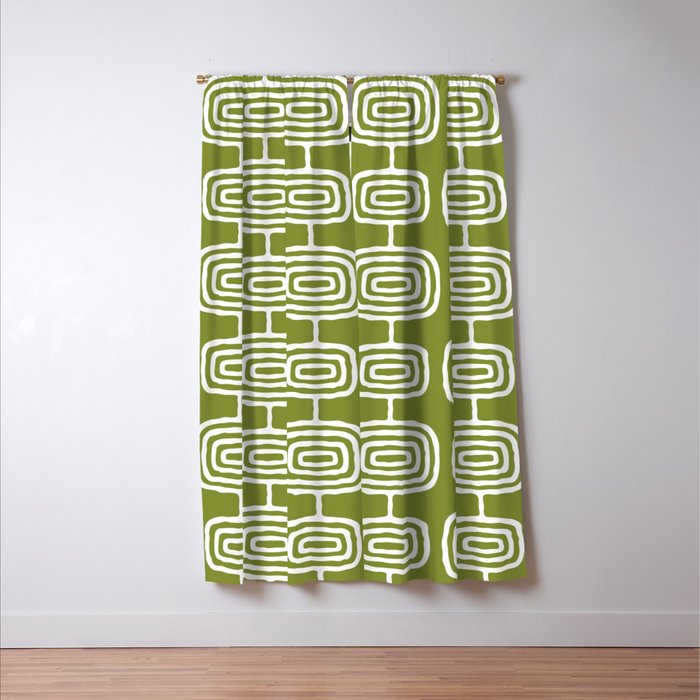 Mid Century Modern Atomic Rings Pattern Mid Mod Olive Green Window Curtain Gallery Image 3