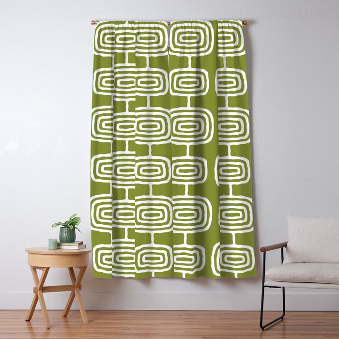 Mid Century Modern Atomic Rings Pattern Mid Mod Olive Green Window Curtain Gallery Image 1