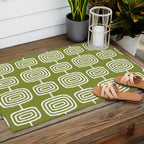 Mid Century Modern Atomic Rings Pattern Mid Mod Olive Green Outdoor Rug Gallery Image 2