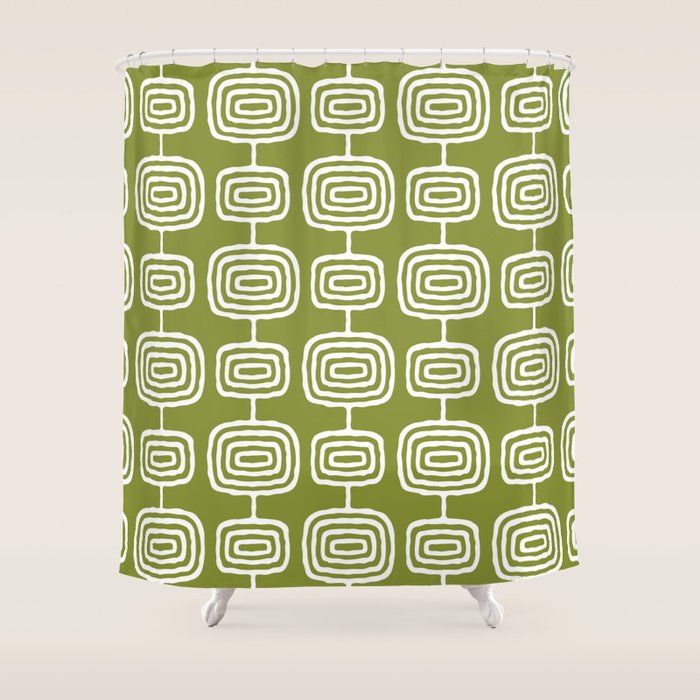 Mid Century Modern Atomic Rings Pattern Mid Mod Olive Green Shower Curtain Gallery Image 1