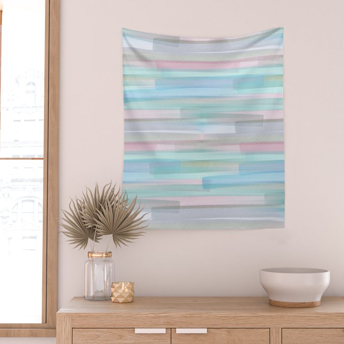 Abstract Watercolor Waves in Sky & Seafoam Wall Tapestry Gallery Image 2