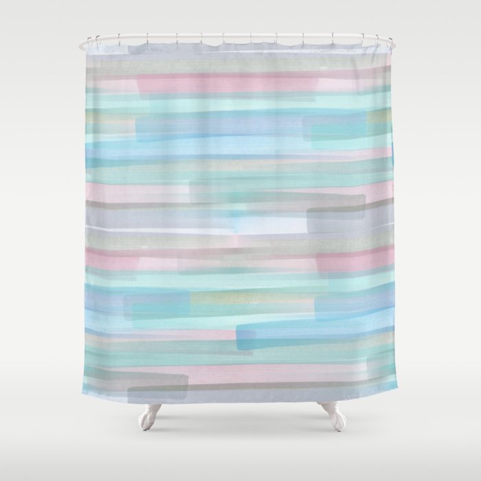Abstract Watercolor Waves in Sky & Seafoam Shower Curtain Gallery Image 1