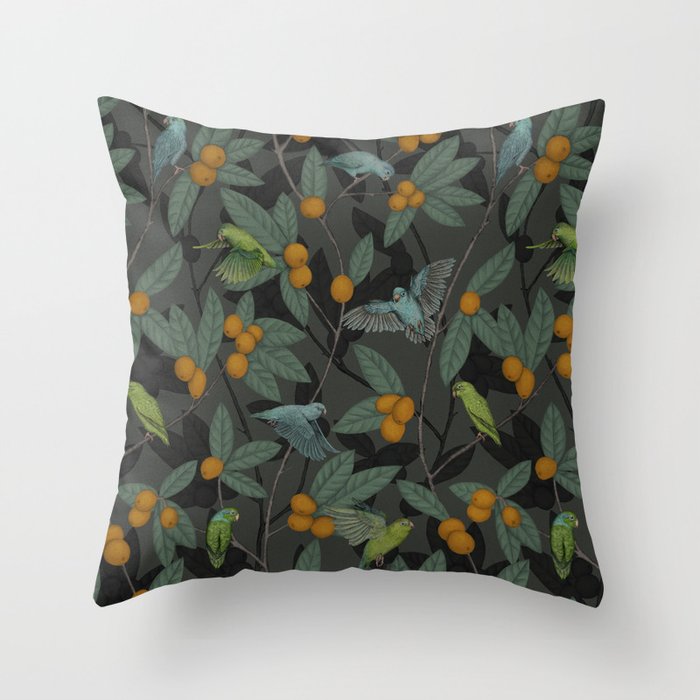 Green & Turquoise Parrotlets and Loquats Throw Pillow Gallery Image 1