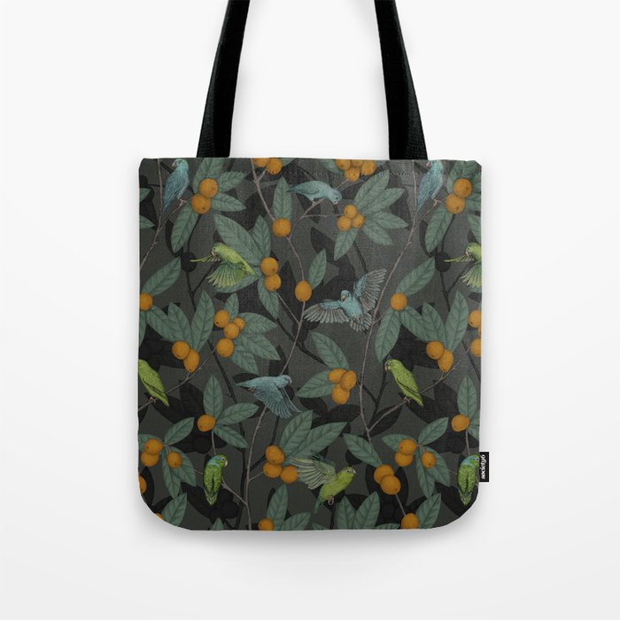 Green & Turquoise Parrotlets and Loquats Tote Bag Gallery Image 1